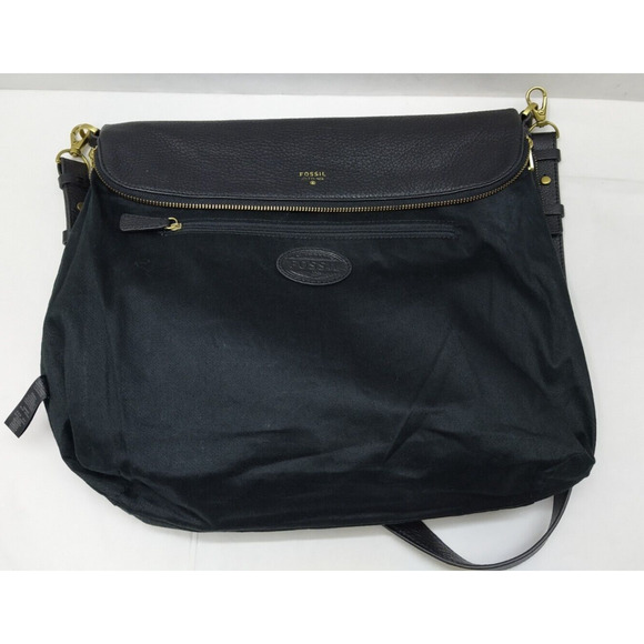 Fossil Black Pebbled Expandable Zipper Double Handles Satchel Shoulder Bag - Picture 15 of 16